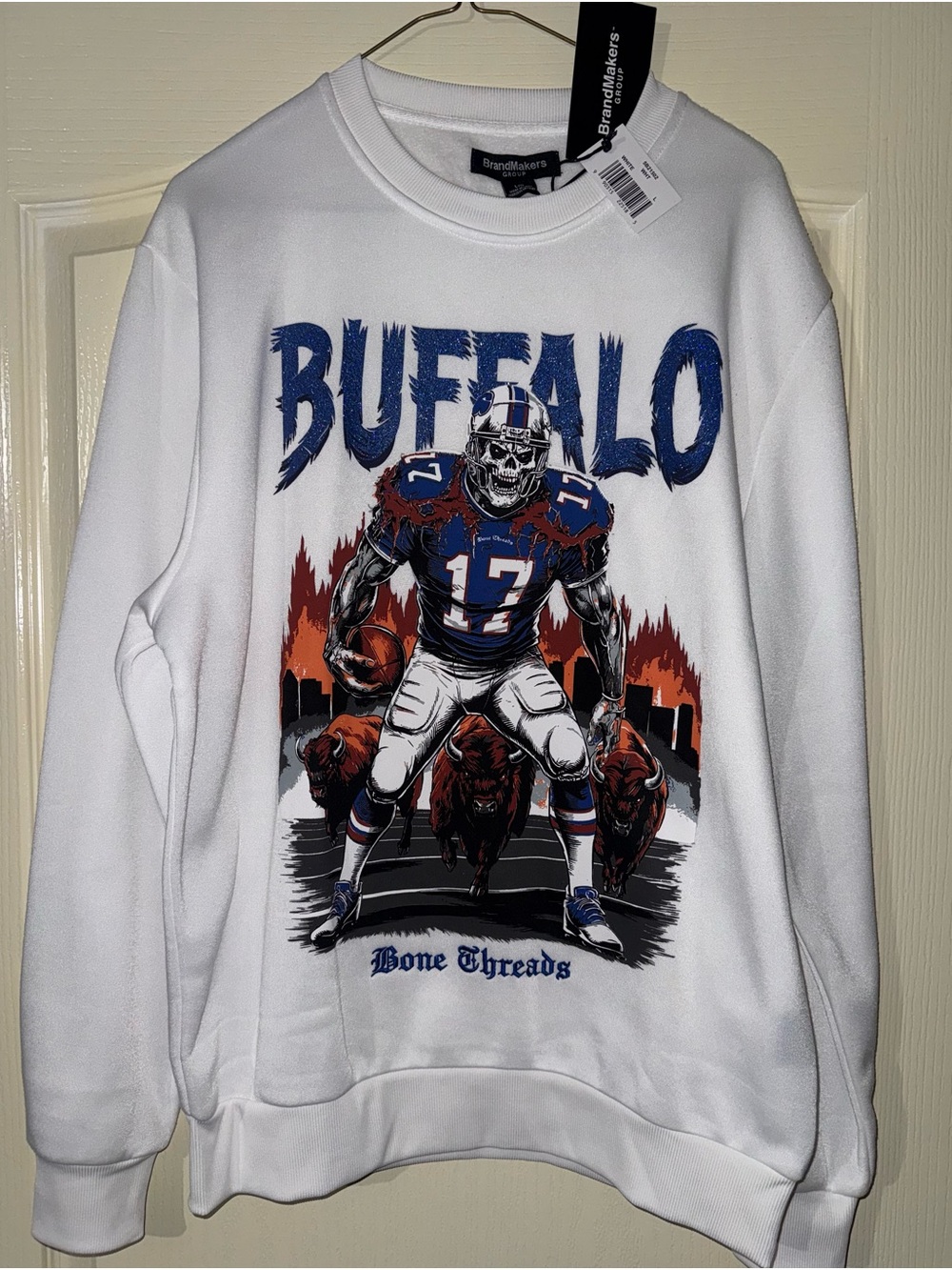 Buffalo Bills NFL Josh Allen Skeleton Men’s Large PullOver Crewneck NWT White